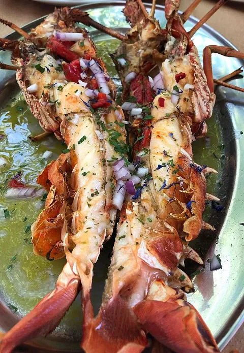İkiye bölünmüş ızgara ıstakoz, kırmızı soğan, maydanoz ve sosuyla, Şef Restaurant Kuşadası